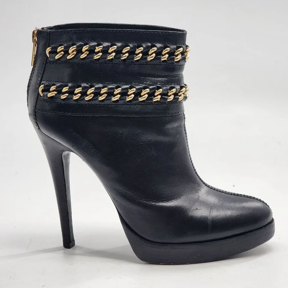 TORY BURCH Lysa Black‎ Leather Platform Chain Heeled Boots Size 9.5